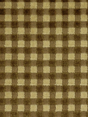 Brown and beige checkered woven fabric with small squares; upholstery fabric.