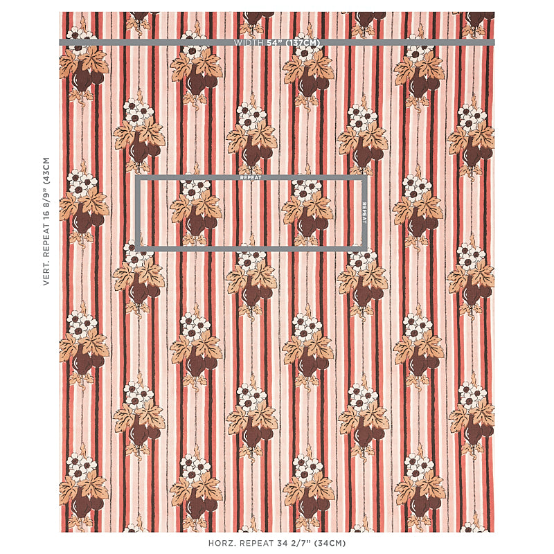 Floral striped wallpaper with red and pink vertical stripes and tan-brown flower bouquets.