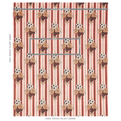 Floral striped wallpaper with red and pink vertical stripes and tan-brown flower bouquets.
