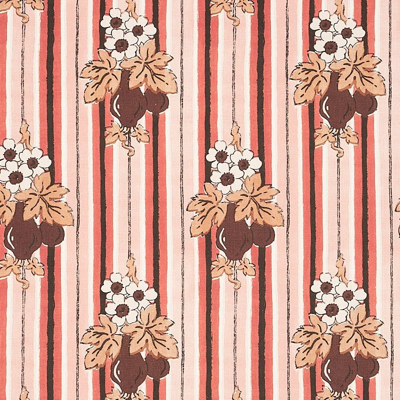 Vintage floral stripe pattern with vertical pink and red stripes; white flowers, peach leaves in brown vases, repeating.