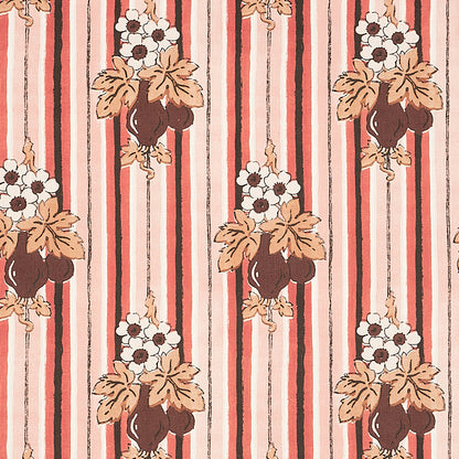 Vintage floral stripe pattern with vertical pink and red stripes; white flowers, peach leaves in brown vases, repeating.