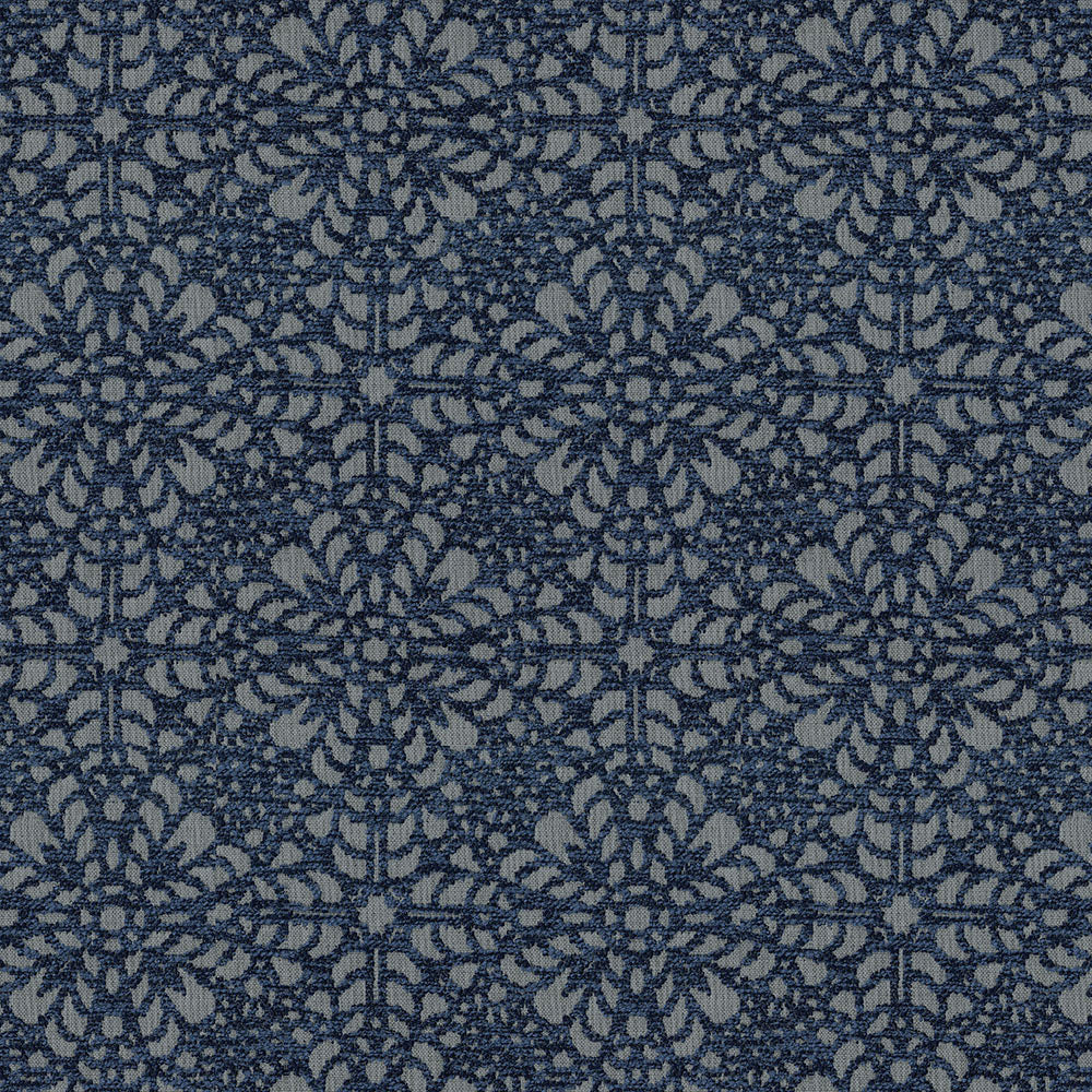 Denim transitional fabric with a navy damask pattern on a gray base; intricate floral medallions suitable for upholstery or curtains.