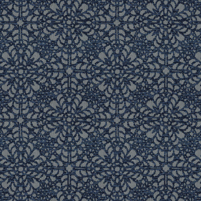 Denim transitional fabric with a navy damask pattern on a gray base; intricate floral medallions suitable for upholstery or curtains.