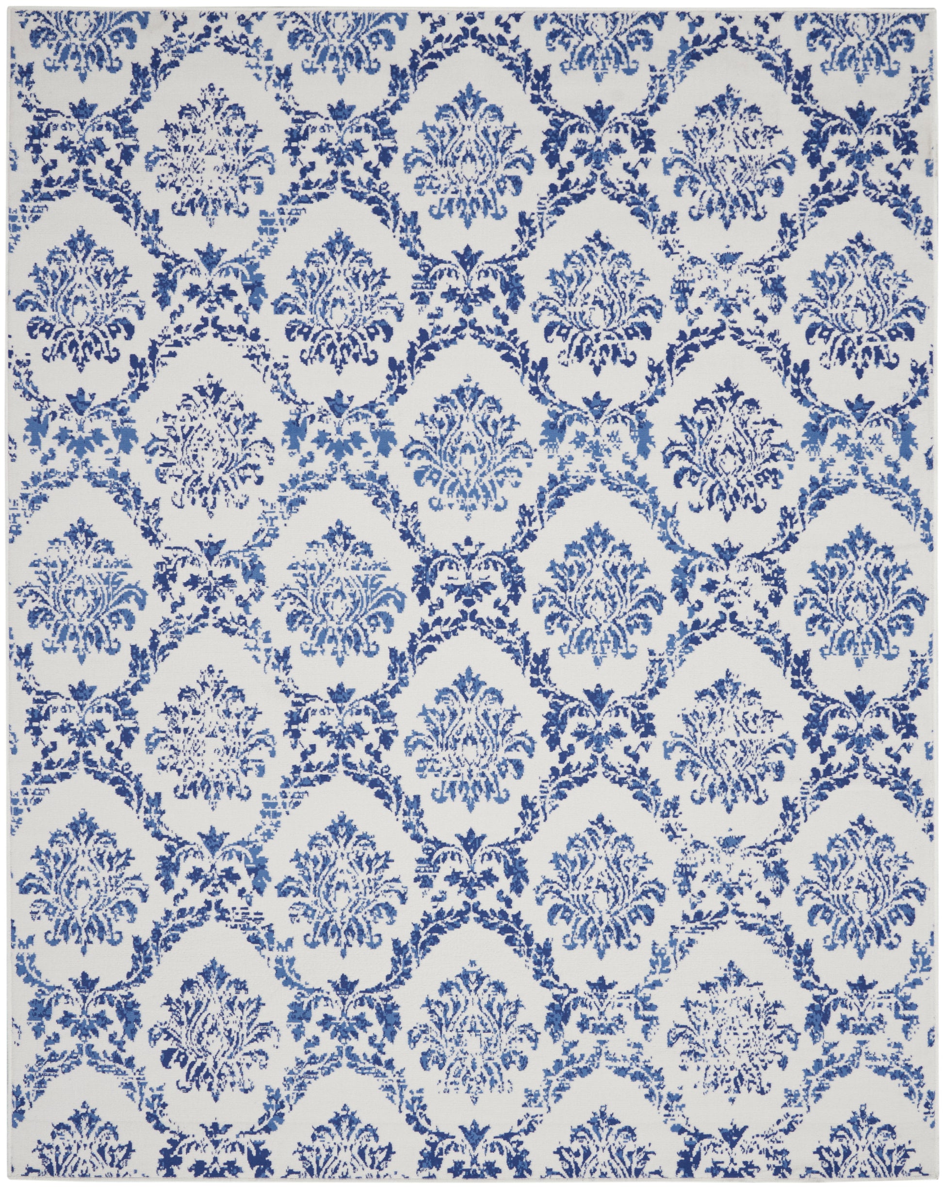 Blue damask pattern with ornate floral medallions on a white backdrop; farmhouse style rug, 8' x 10'.