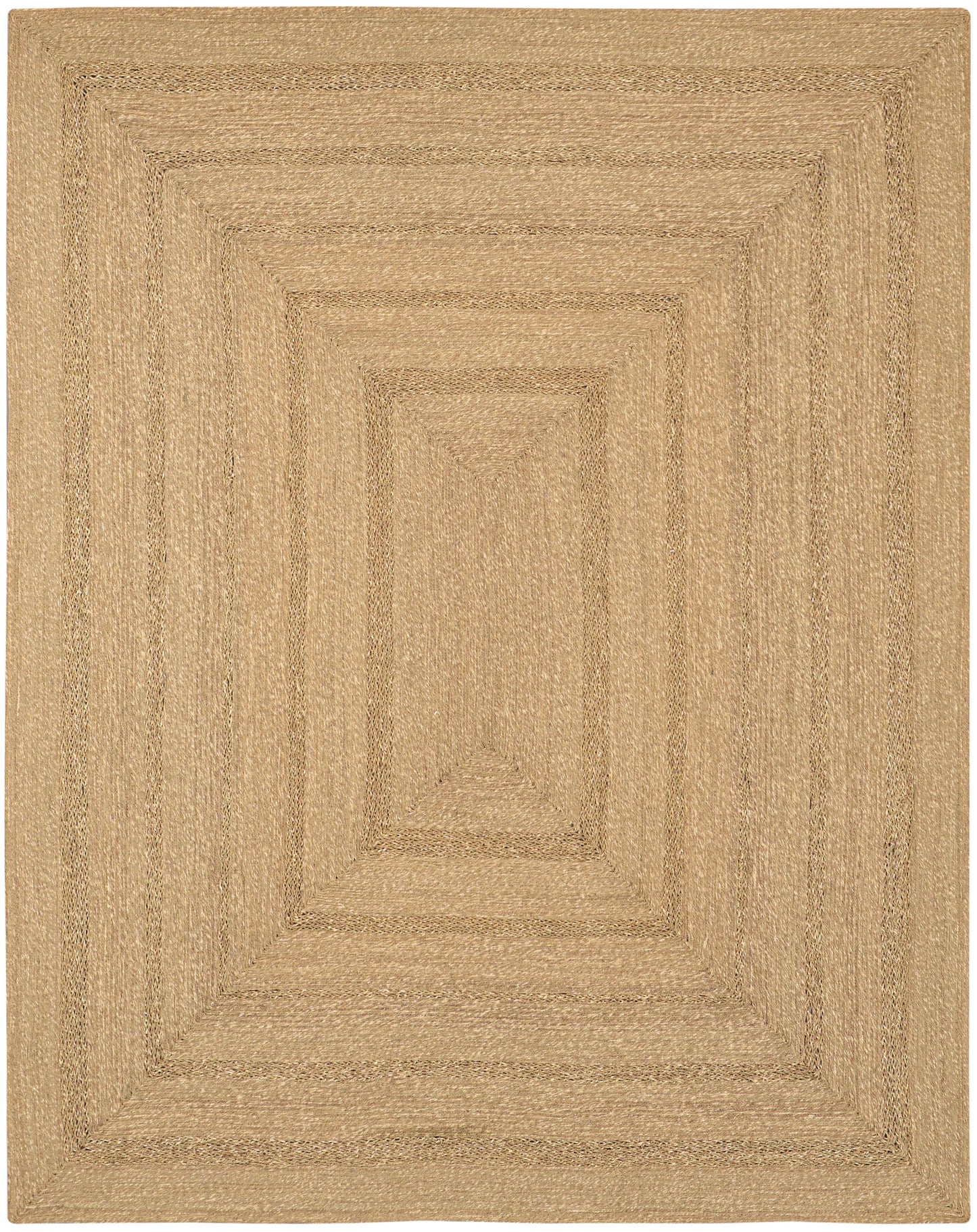 Natural beige jute rug with concentric rectangular weave borders; rectangular, rustic textured floor rug.