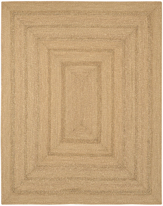 Natural beige jute rug with concentric rectangular weave borders; rectangular, rustic textured floor rug.