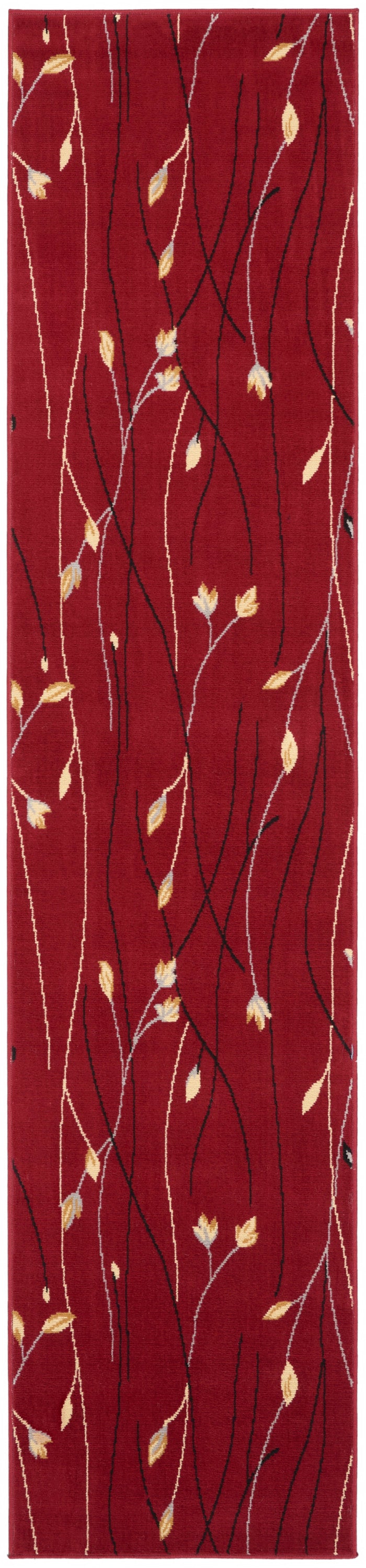 Red runner rug with slender black and ivory vines and pale yellow leaves, modern botanical pattern.