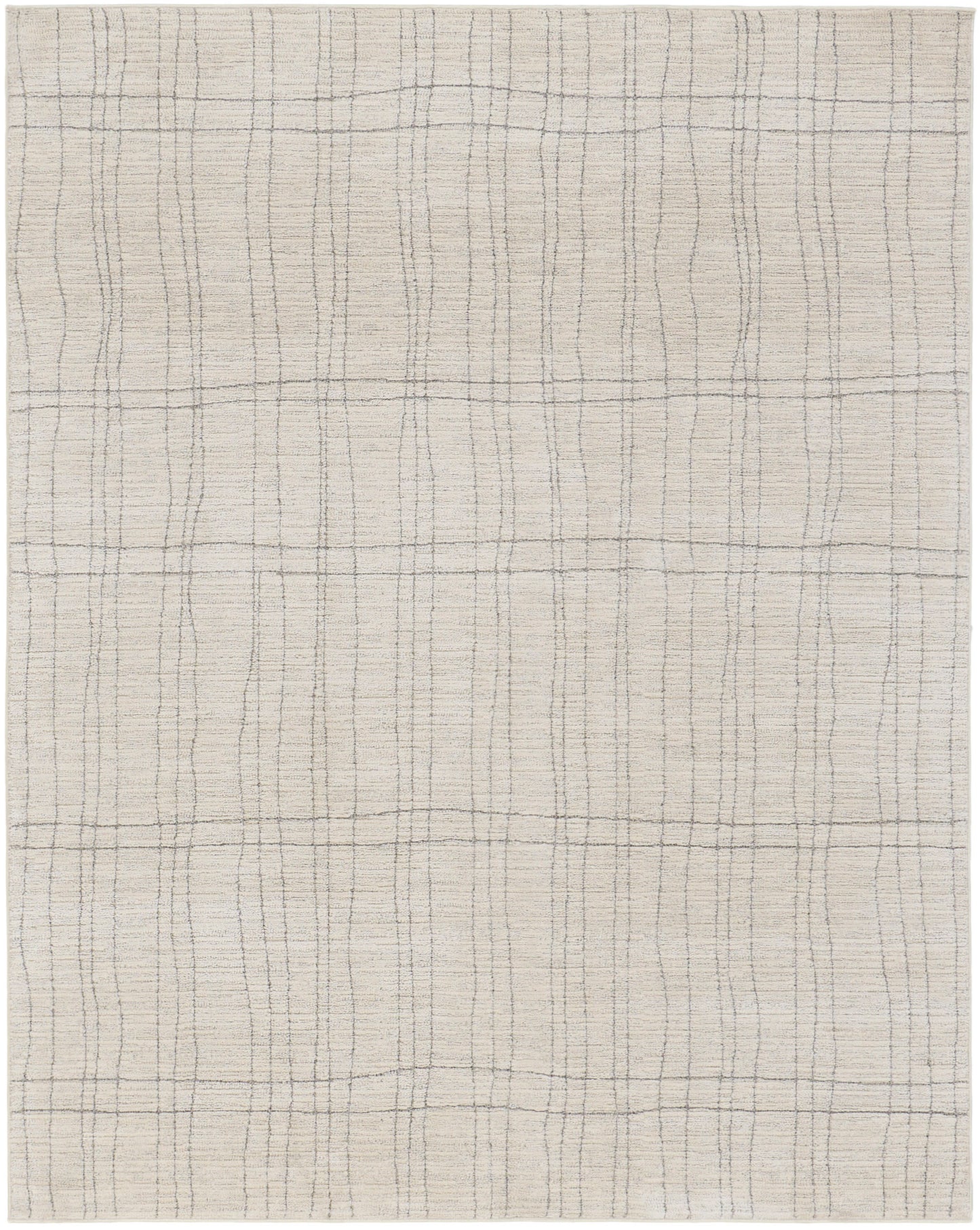 Beige woven area rug with a subtle gray grid pattern; rectangular, modern casual style, textured surface.
