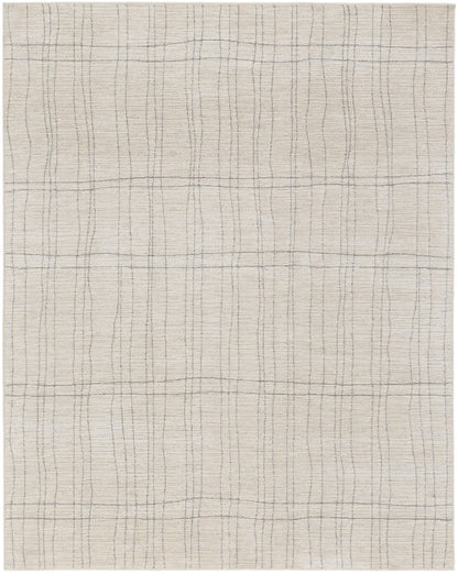 Beige woven area rug with a subtle gray grid pattern; rectangular, modern casual style, textured surface.