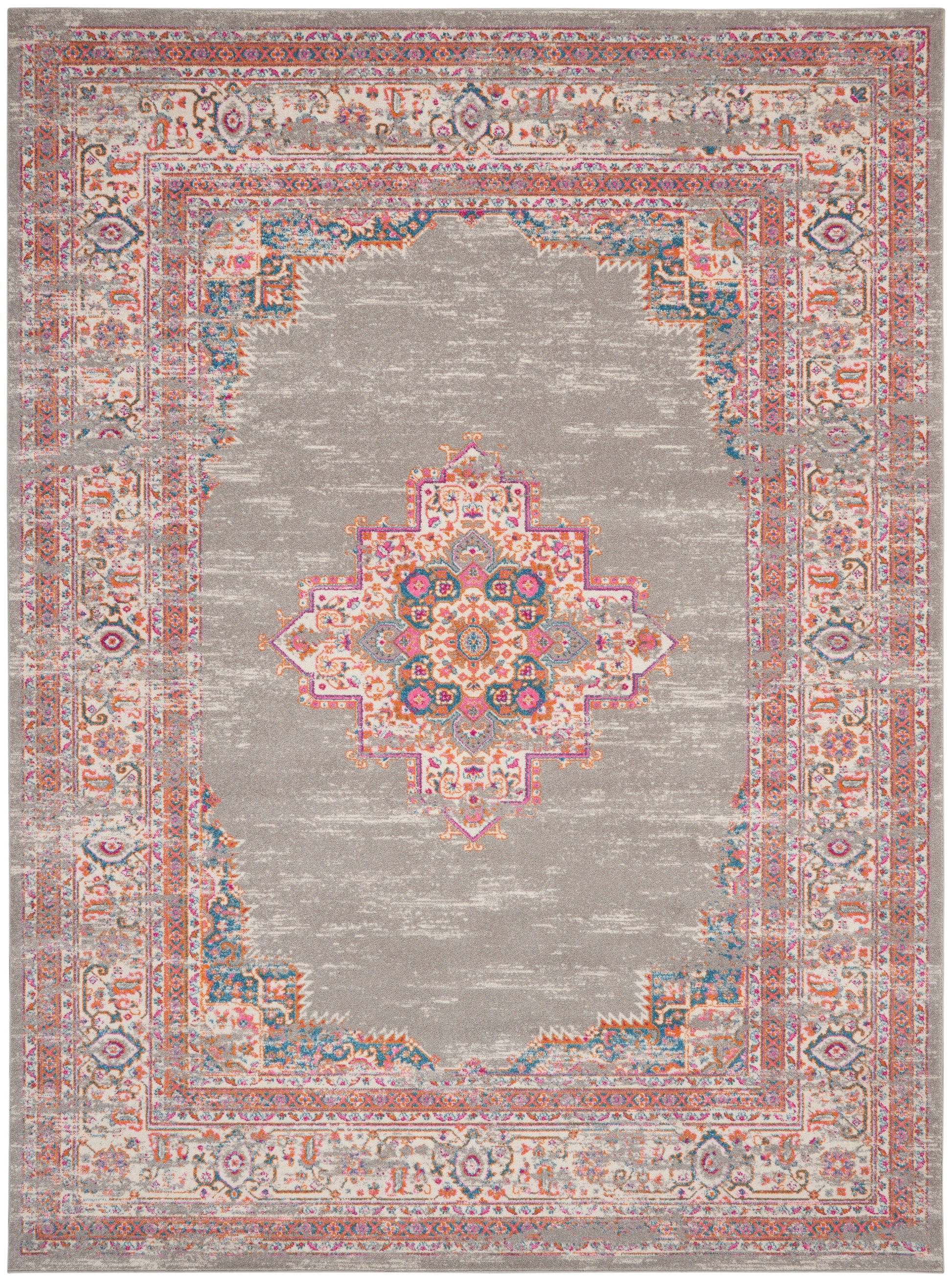 Distressed oriental area rug with central pink-blue mandala, taupe field, ornate pink-blue-coral border.