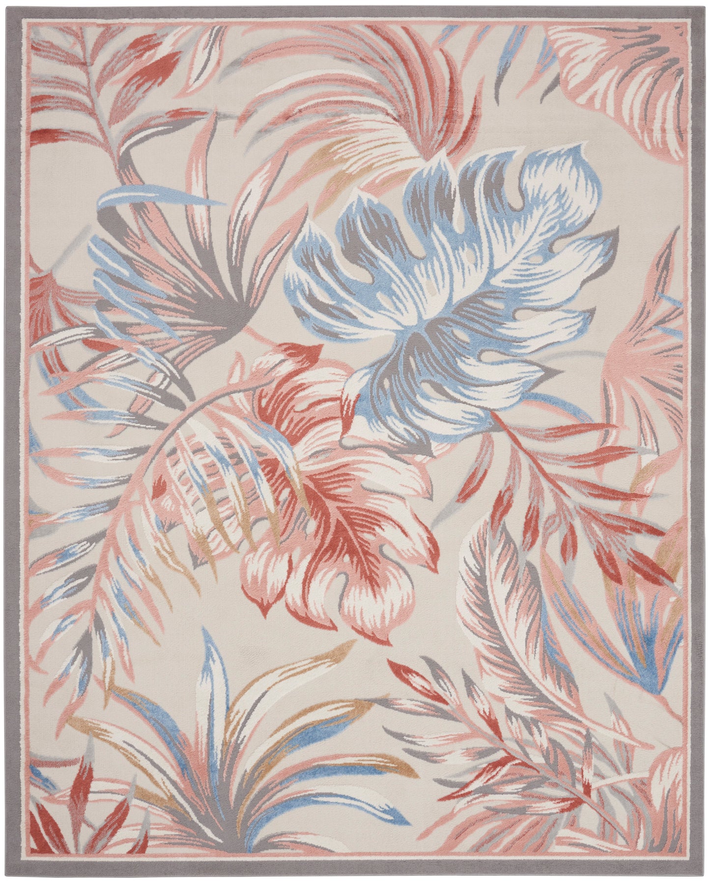 Rectangular beige rug with large tropical leaves in pink, blue and coral; soft gray border.