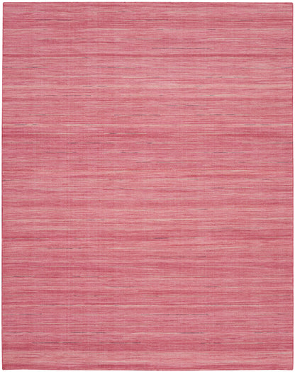 Pinkish-red flat-weave rug with subtle horizontal striations and a soft, textured surface.