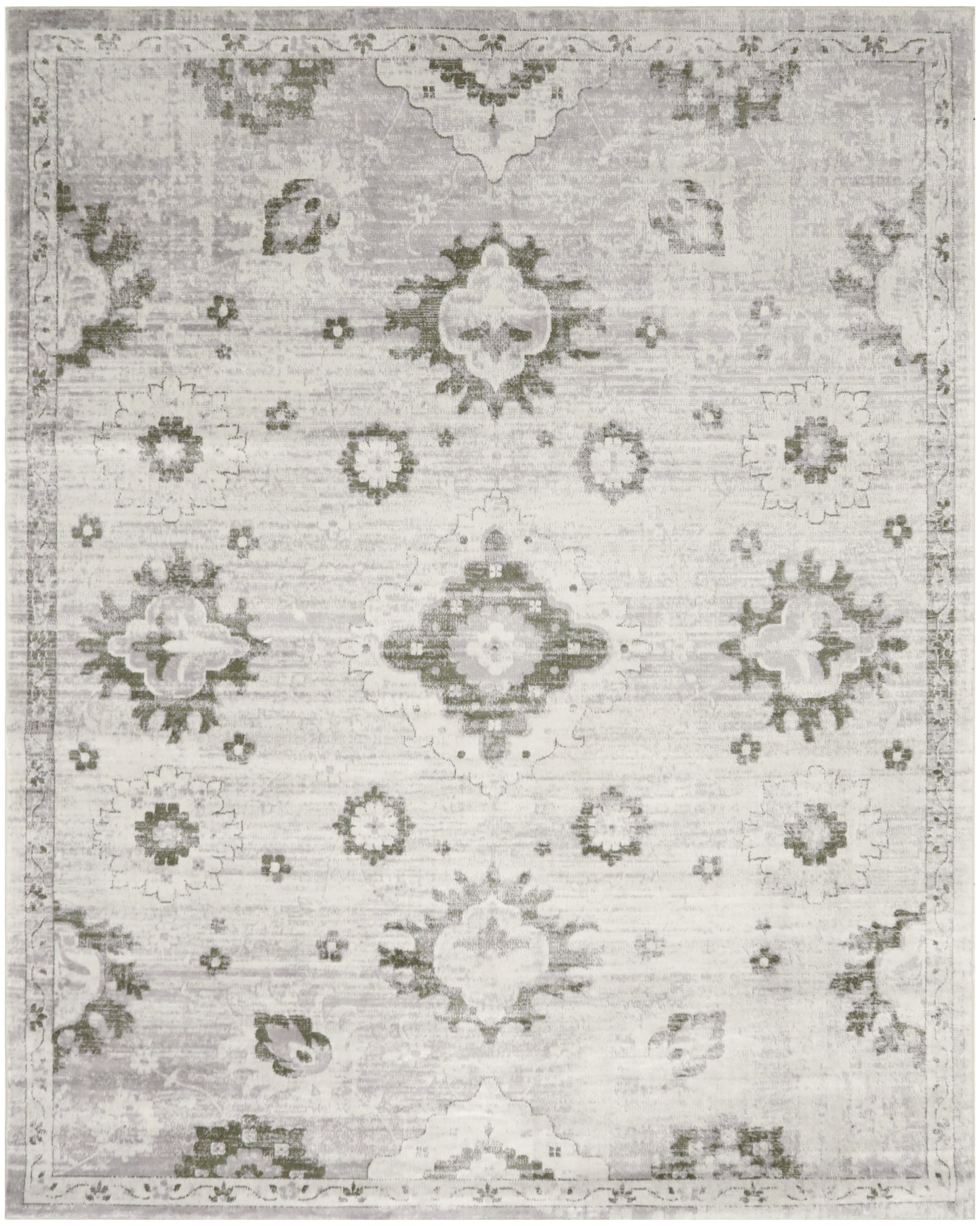 Distressed light gray-beige oriental area rug with faded medallion motifs and subtle border.