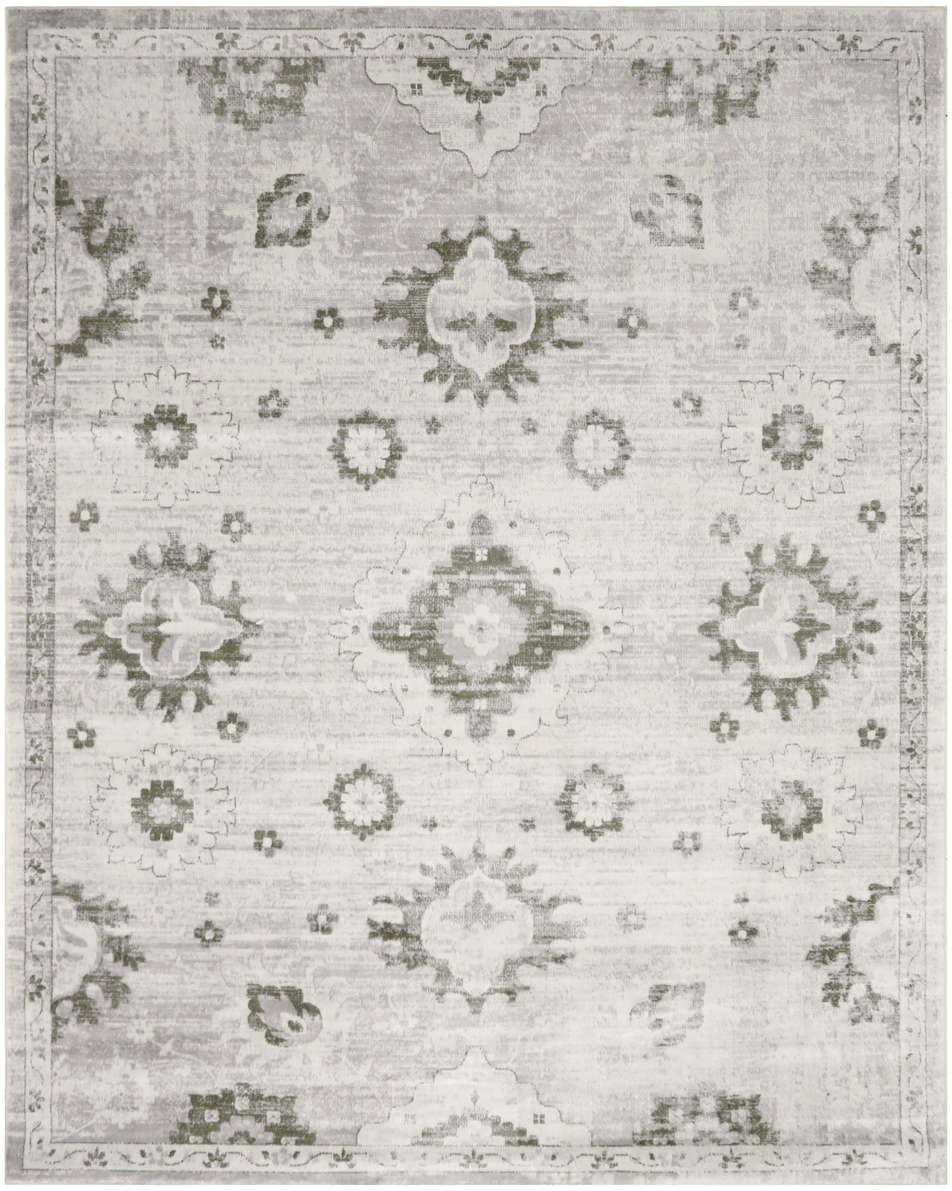 Distressed light gray-beige oriental area rug with faded medallion motifs and subtle border.