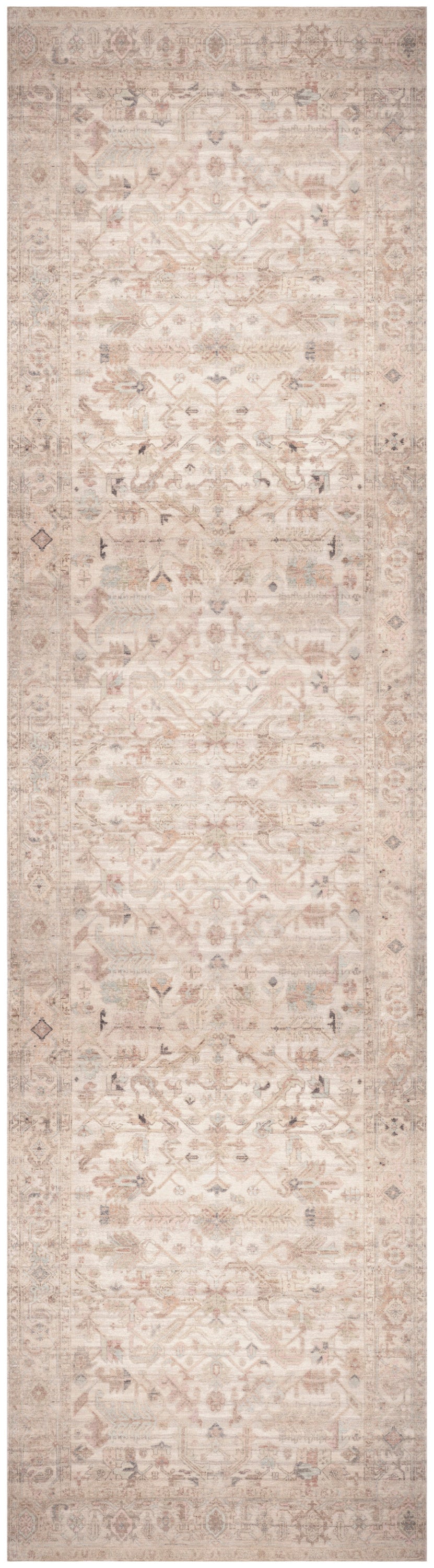 Cream-beige oriental rug runner with faded vintage geometric floral motifs; narrow, soft underfoot, hallway decor.