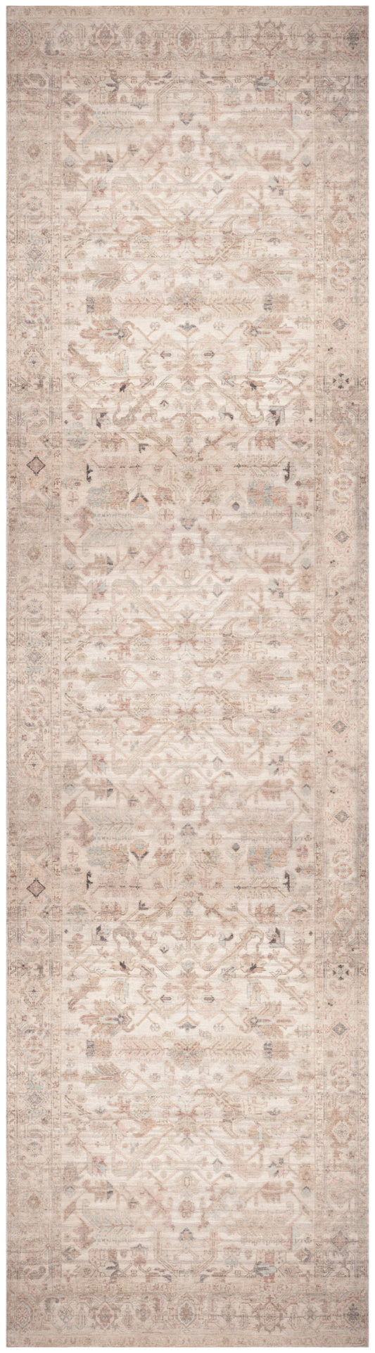 Cream-beige oriental rug runner with faded vintage geometric floral motifs; narrow, soft underfoot, hallway decor.