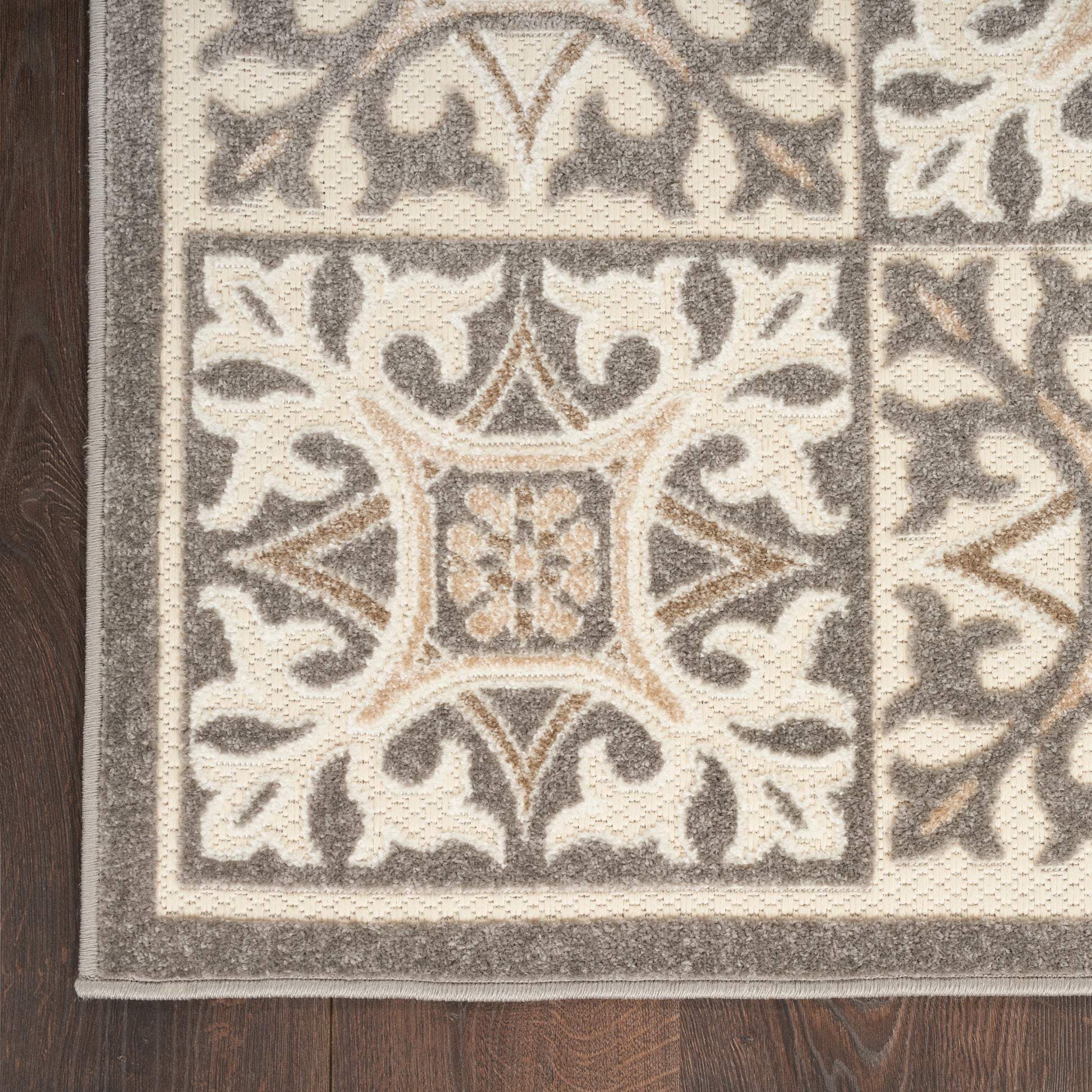 Beige and gray ornate area rug with floral scroll motif and double border on dark wood floor.