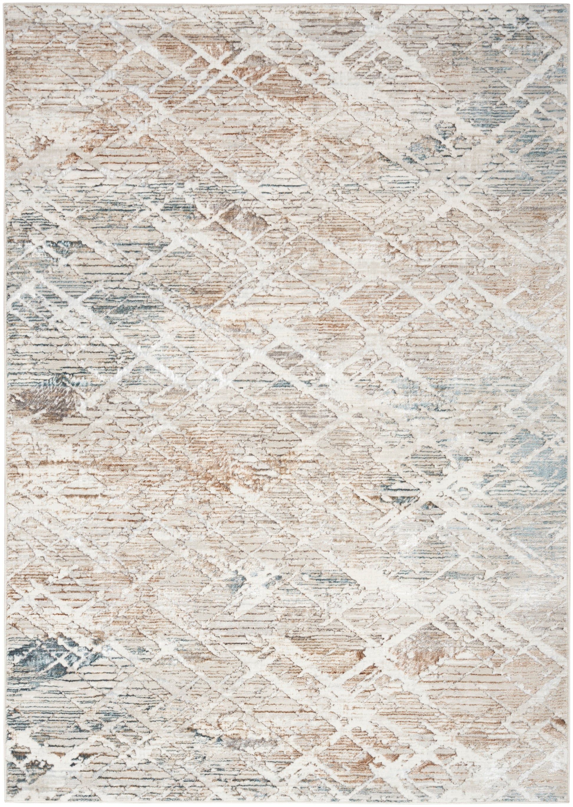 Abstract area rug with soft beige, cream and pale blue tones in a diamond lattice pattern; woven texture.