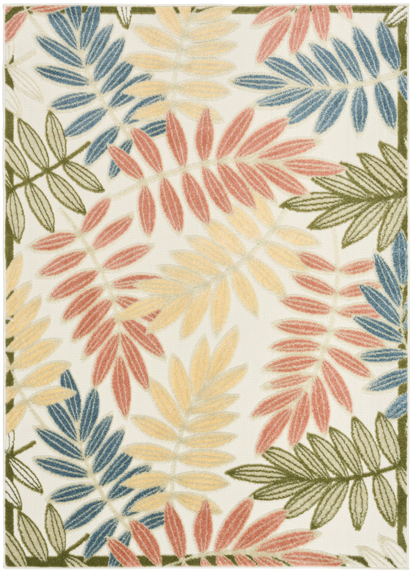 Rectangular rug with cream background and multicolored botanical leaves in blue, pink, yellow and olive green; bordered.