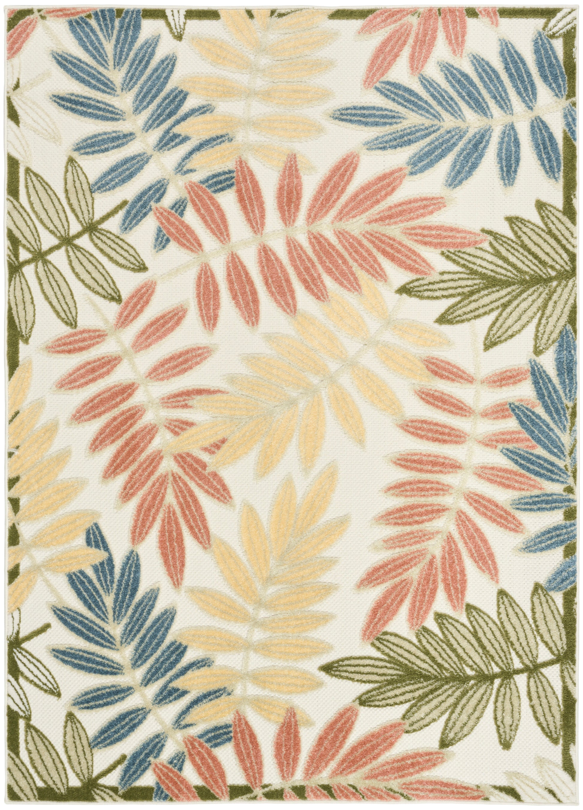 Rectangular rug with cream background and multicolored botanical leaves in blue, pink, yellow and olive green; bordered.