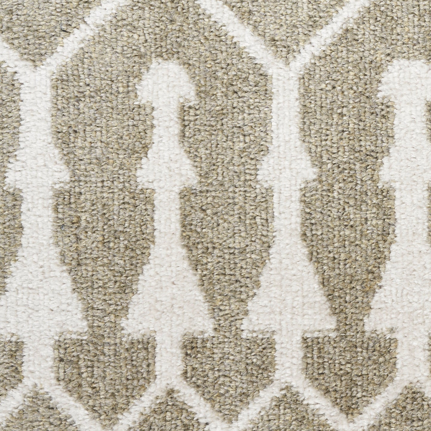 Beige area rug with ivory trellis geometric pattern; soft textured pile for living room or hallway, 9' x 12'.
