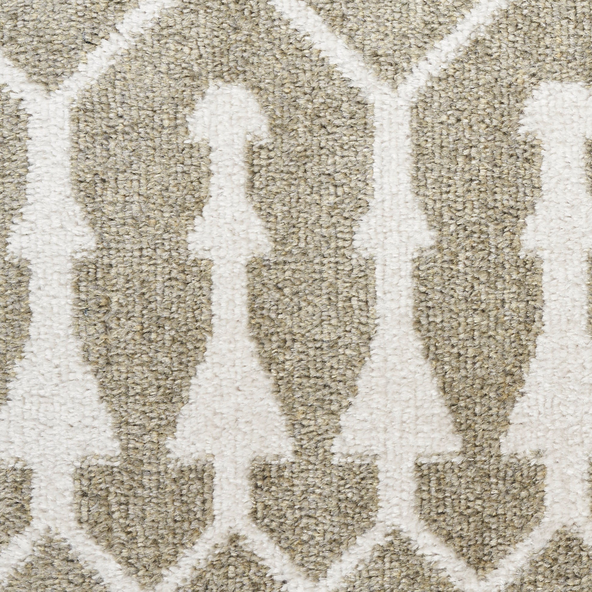 Beige area rug with ivory trellis geometric pattern; soft textured pile for living room or hallway, 9' x 12'.