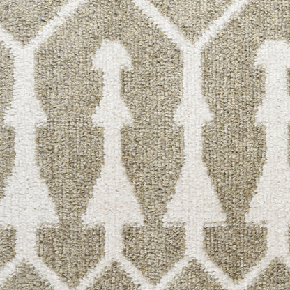 Beige area rug with ivory trellis geometric pattern; soft textured pile for living room or hallway, 9' x 12'.