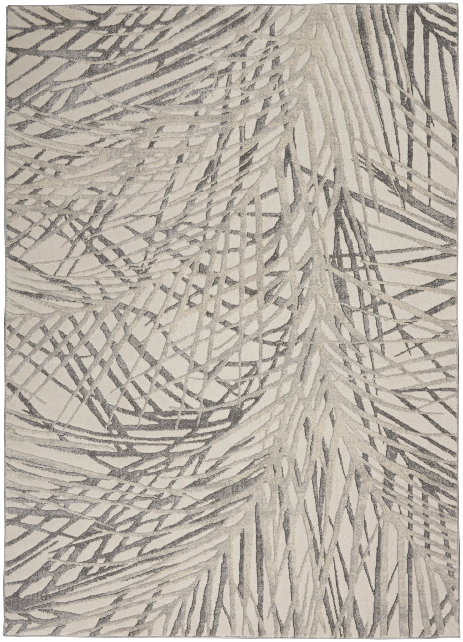Beige rug with abstract gray palm-leaf pattern; rustic-inspired, versatile decor for living room; 6' x 9'.
