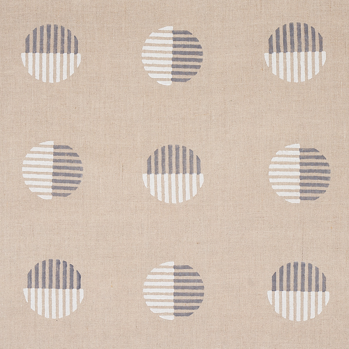 Beige linen-textured fabric featuring a grid of split vertical-stripe circles in white and gray.