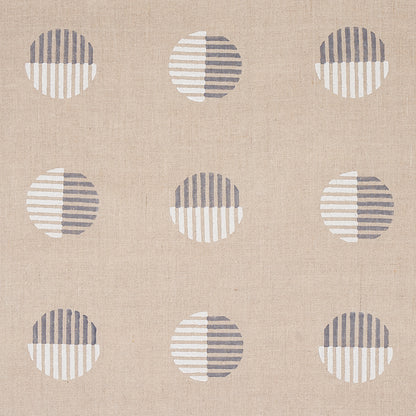 Beige linen-textured fabric featuring a grid of split vertical-stripe circles in white and gray.
