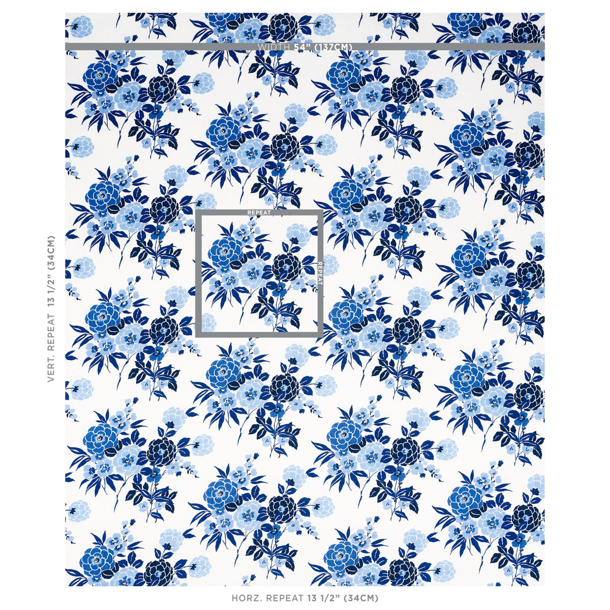 Blue floral wallpaper pattern on white, repeating bouquets in dark and light blues; inset square detail.
