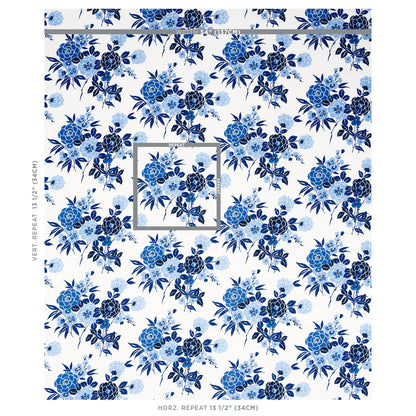 Blue floral wallpaper pattern on white, repeating bouquets in dark and light blues; inset square detail.