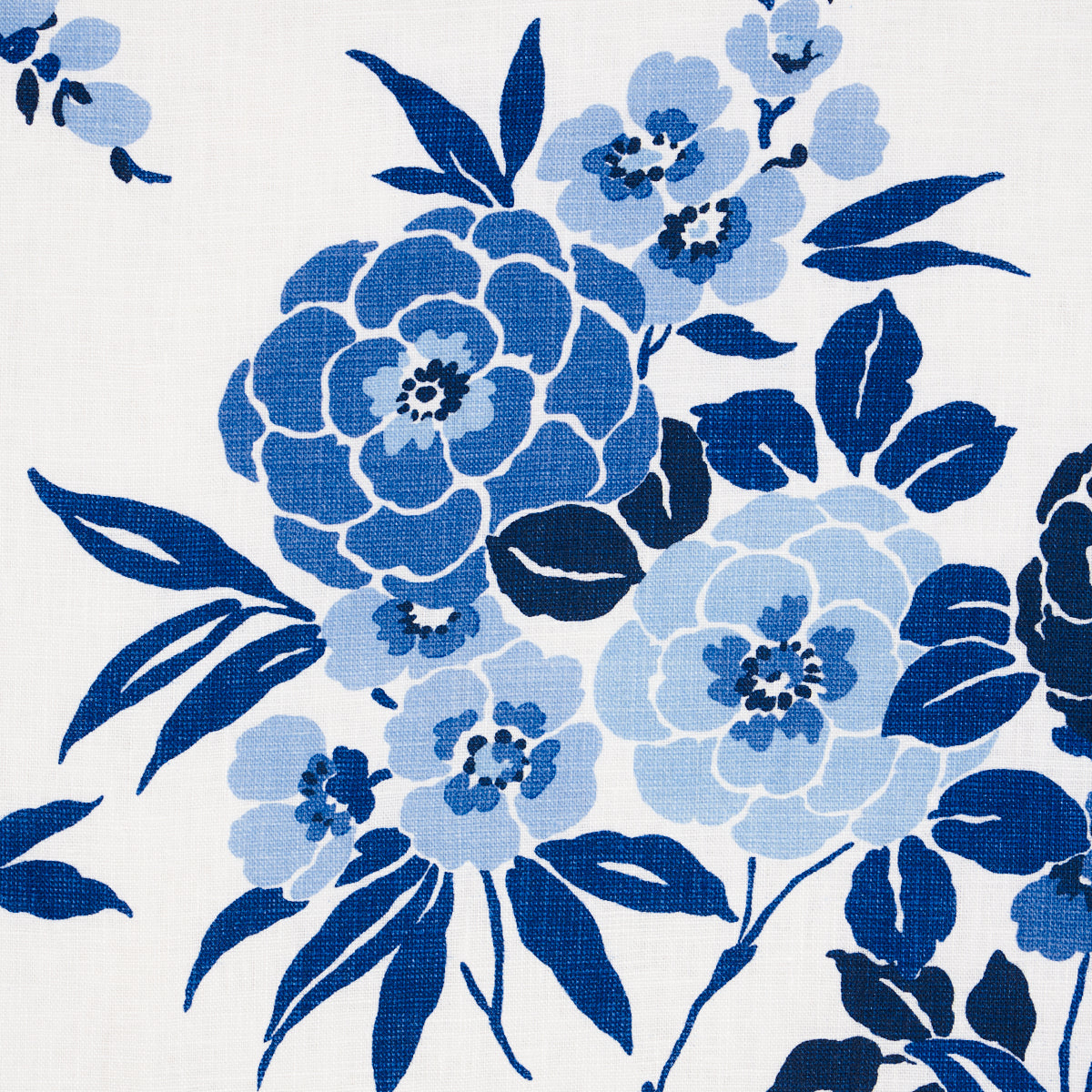 Blue floral print on white fabric featuring large dark and light blue blooms with leafy stems.