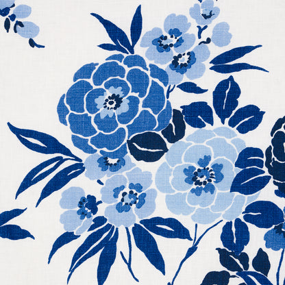 Blue floral print on white fabric featuring large dark and light blue blooms with leafy stems.