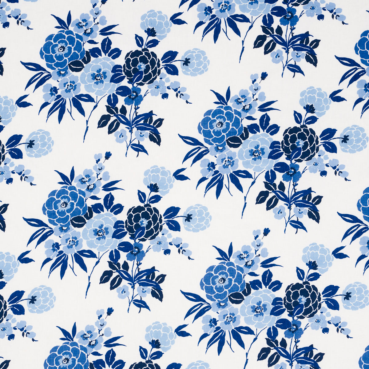 Navy and light-blue floral pattern with roses and leaves on white background.