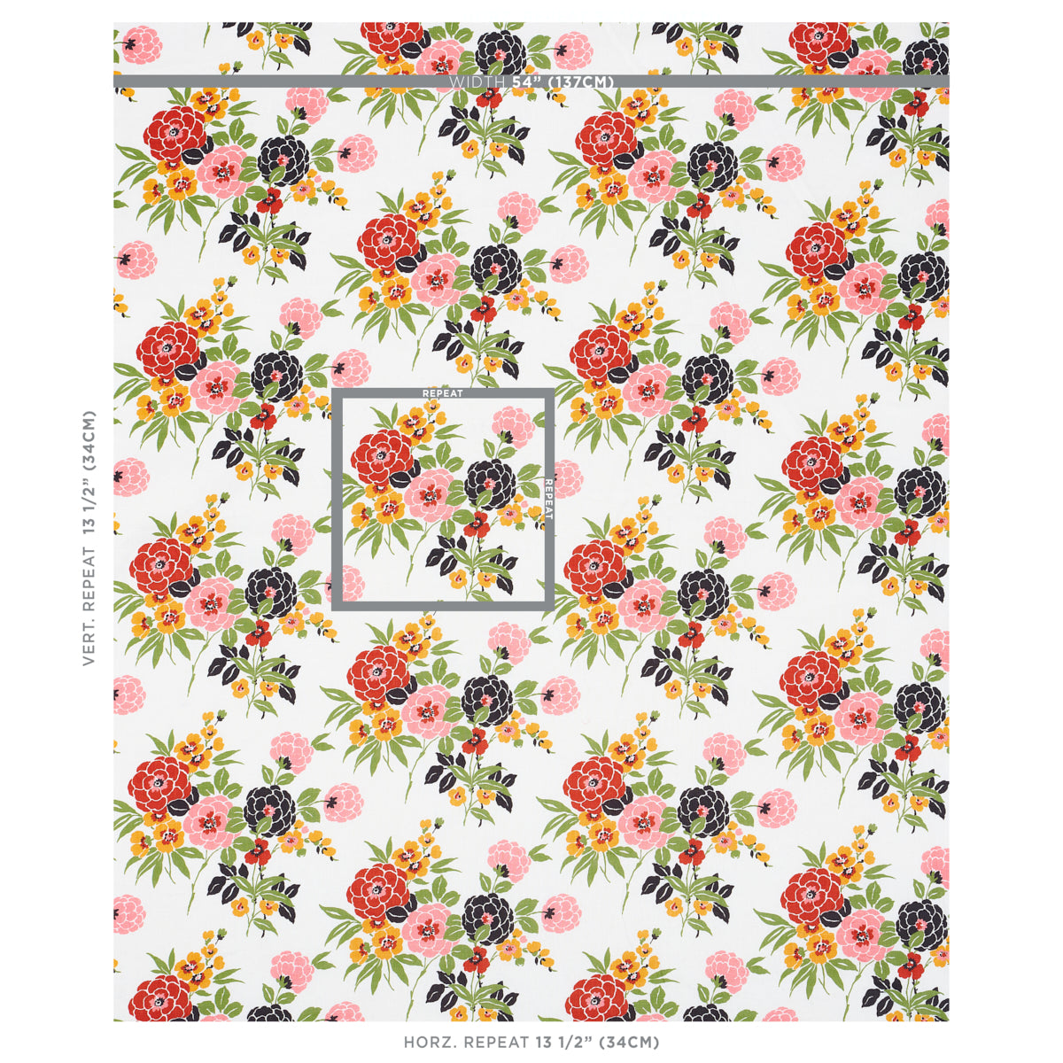 Bright floral fabric print with red, pink, purple, and yellow roses and green leaves on white, repeating pattern.