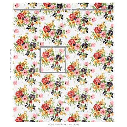 Bright floral fabric print with red, pink, purple, and yellow roses and green leaves on white, repeating pattern.