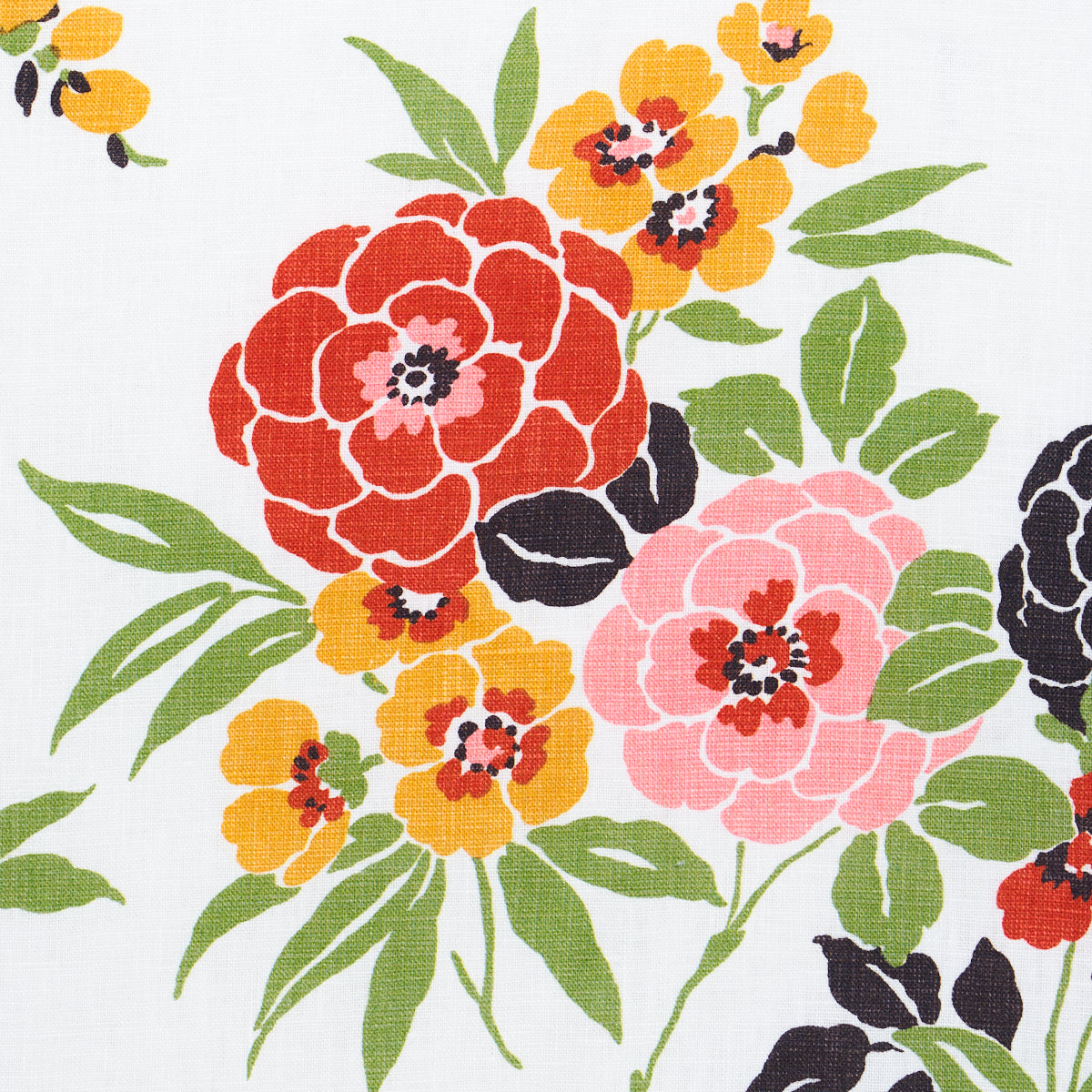 Bold floral pattern on white fabric with large red and pink blossoms, yellow flowers, and green leaves.