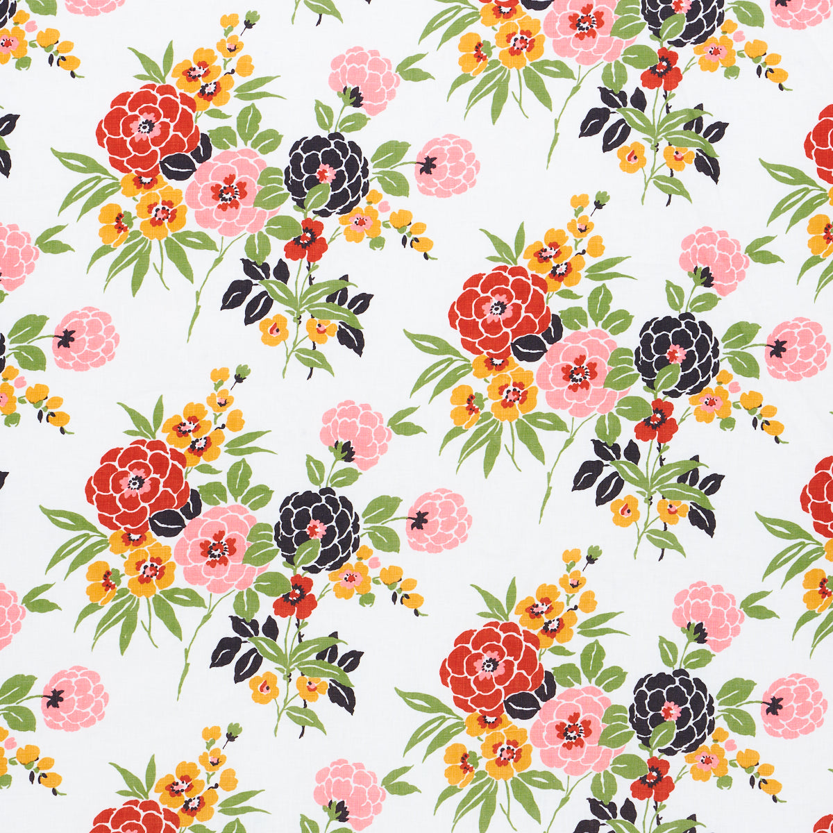 Bright floral fabric print with red, pink and dark purple blooms, yellow blossoms and green leaves on white fabric.
