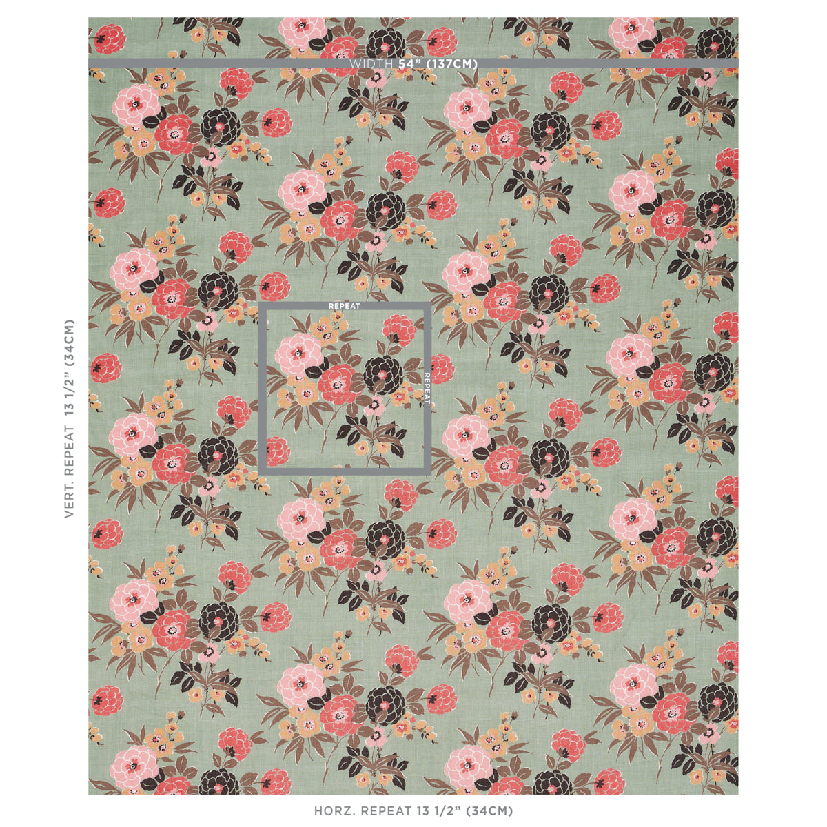 Green floral pattern with pink, peach and charcoal flowers; vintage botanical wallpaper for home decor with a large repeat.