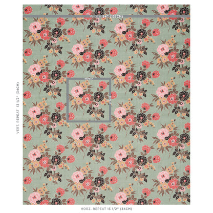 Green floral pattern with pink, peach and charcoal flowers; vintage botanical wallpaper for home decor with a large repeat.
