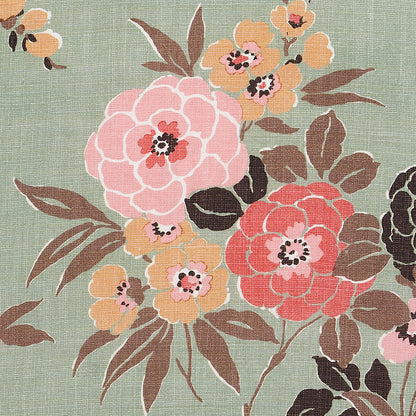 Sage-green fabric with a vintage floral print: large pink and peach blossoms and brown leaves.