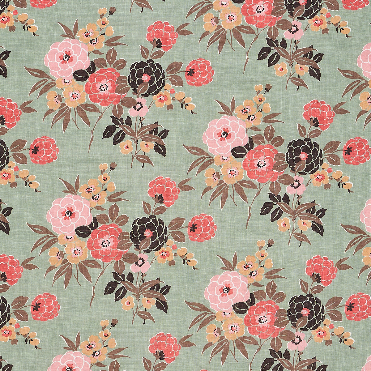 Teal-green floral fabric with pink, coral and black blooms and brown leaves; vintage-style print for dresses or upholstery.