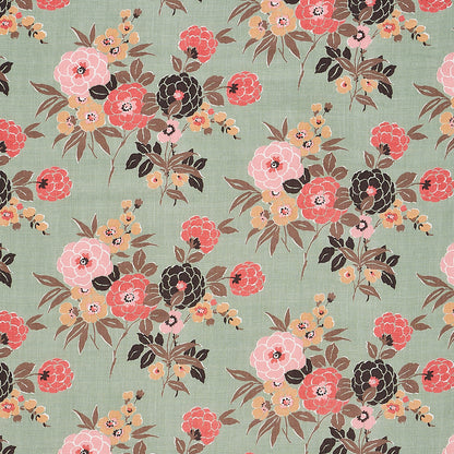 Teal-green floral fabric with pink, coral and black blooms and brown leaves; vintage-style print for dresses or upholstery.