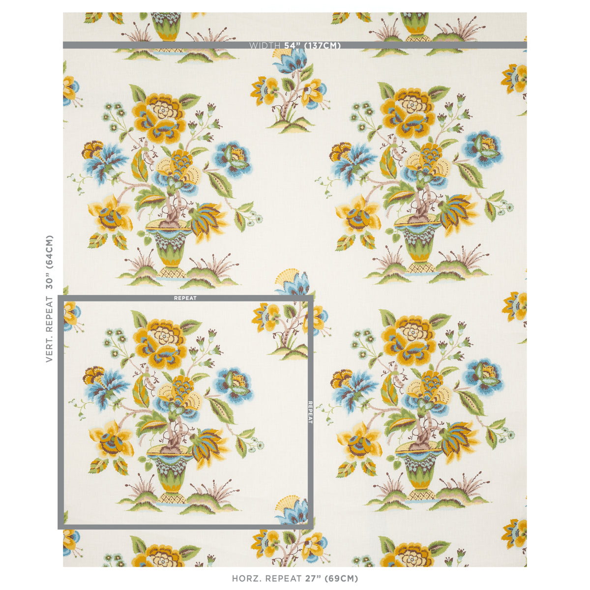 Floral wallpaper sample: ochre and sky flowers in ornate vases, repeated pattern for decorative interior wallpaper sheet.