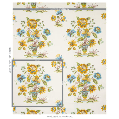 Floral wallpaper sample: ochre and sky flowers in ornate vases, repeated pattern for decorative interior wallpaper sheet.
