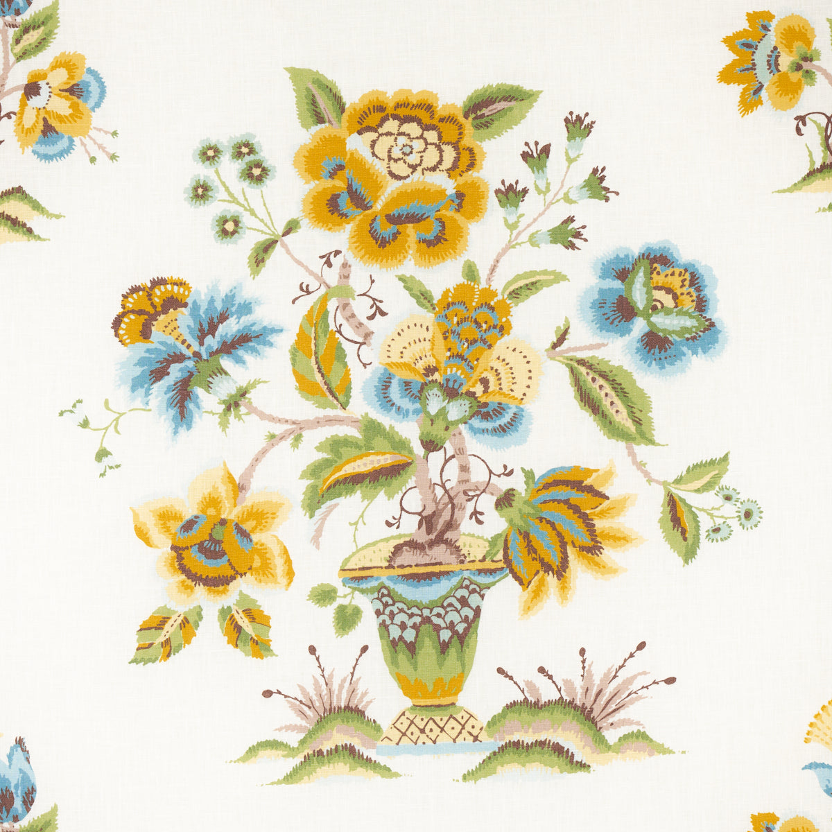 Vintage floral fabric print: potted bouquet with yellow, blue & green blooms on white background.