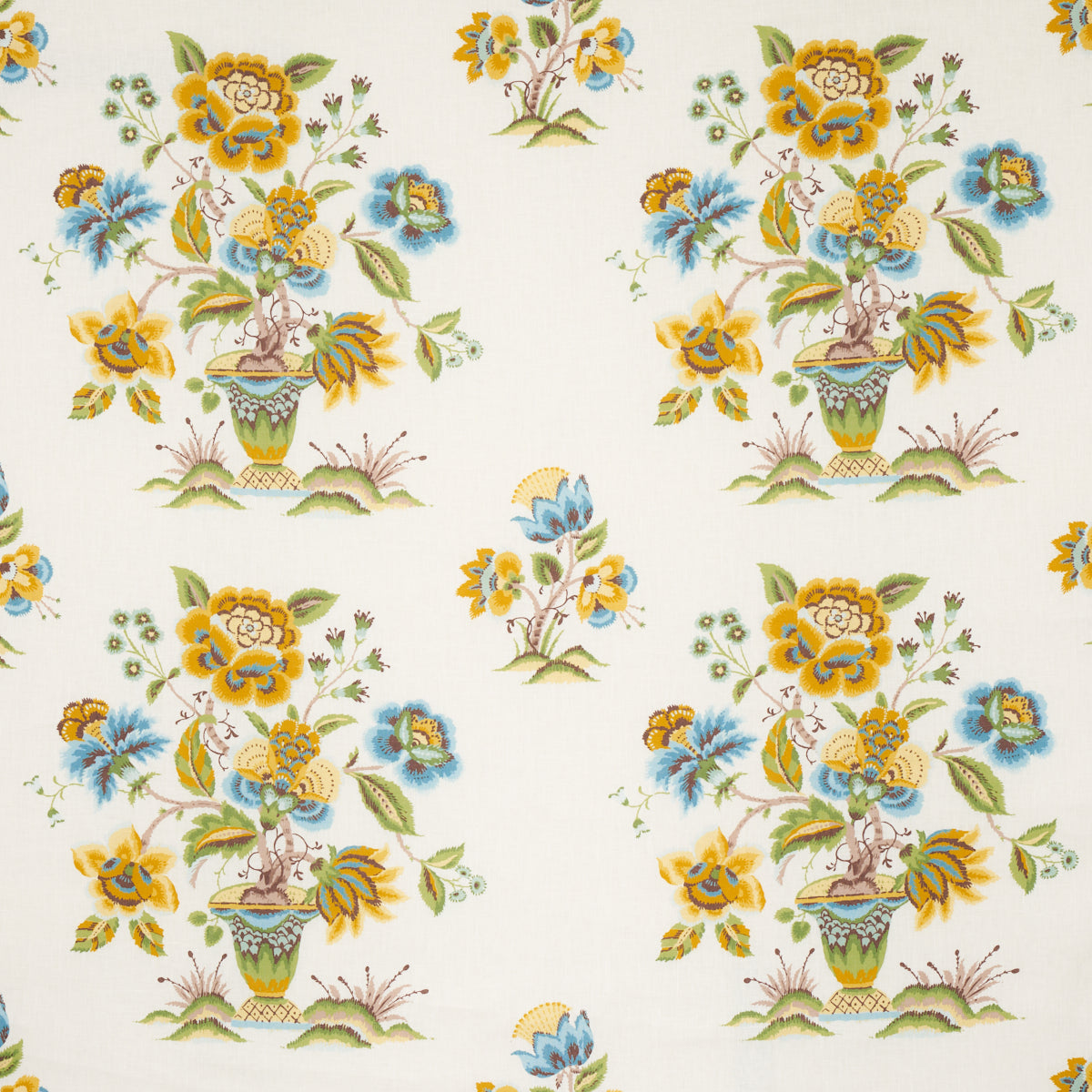 Cream fabric with repeated ornate floral bouquets in vases, yellow and blue flowers, green leaves, vintage chintz style.