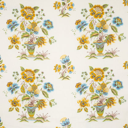 Cream fabric with repeated ornate floral bouquets in vases, yellow and blue flowers, green leaves, vintage chintz style.