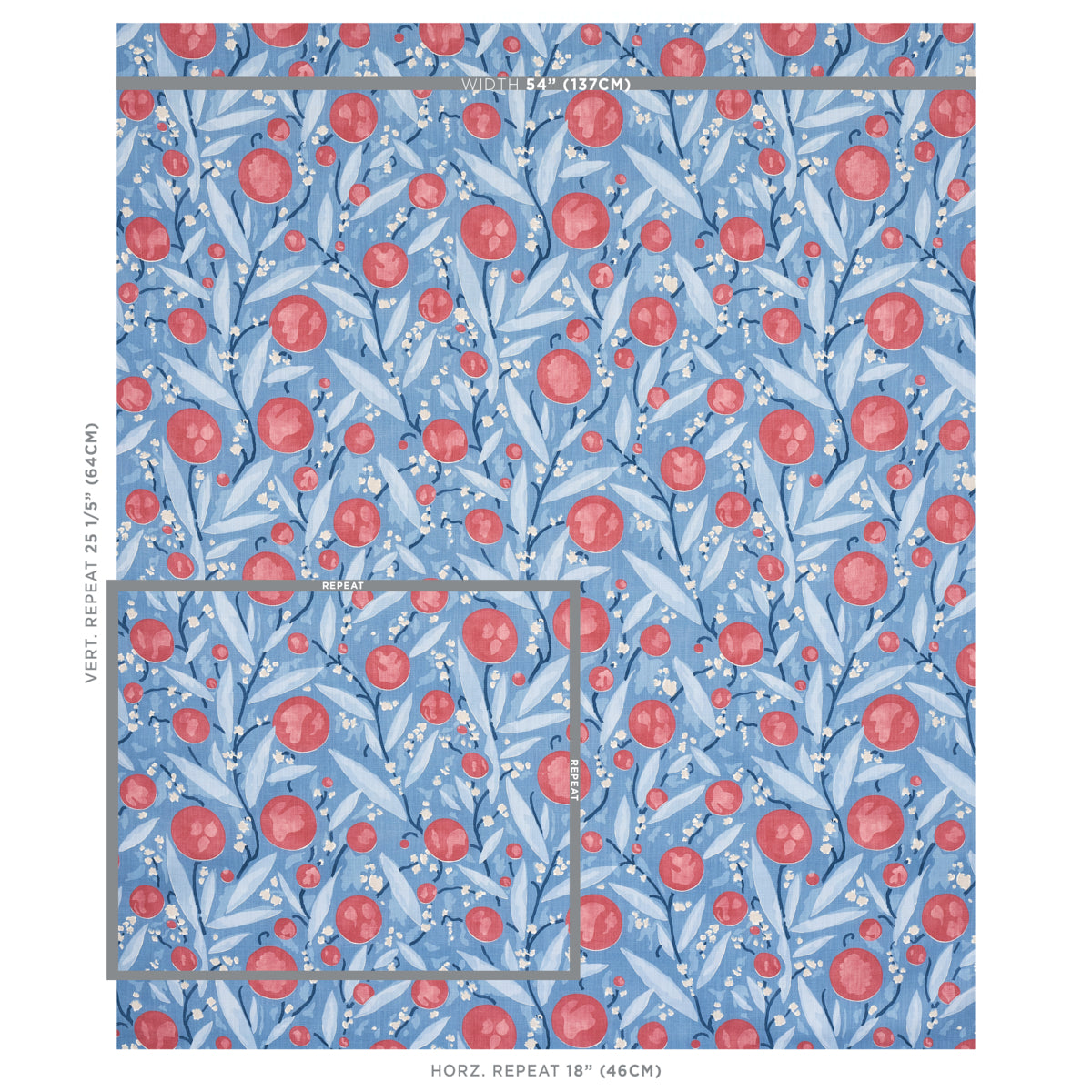 Blue botanical pattern with red berries on leafy vines; seamless print for fabric or wallpaper.